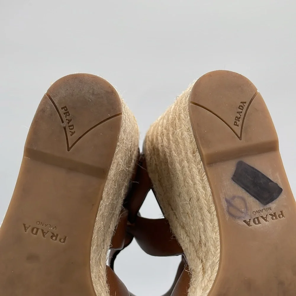 Prada Rony Brown Leather Espadrilles Platform Jute & Rubber‎ Wedge Heel - 37